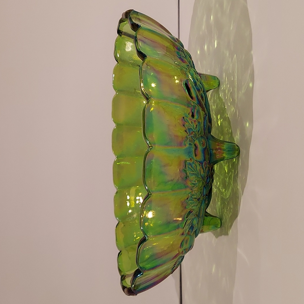 Vintage Iridescent Green Oval Footed Encrusted Bowl